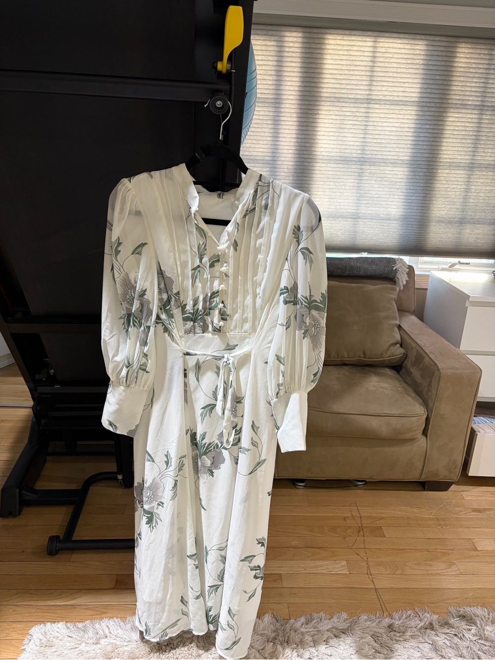 Women’s White Floral Midi Dress with Green Leaf Print